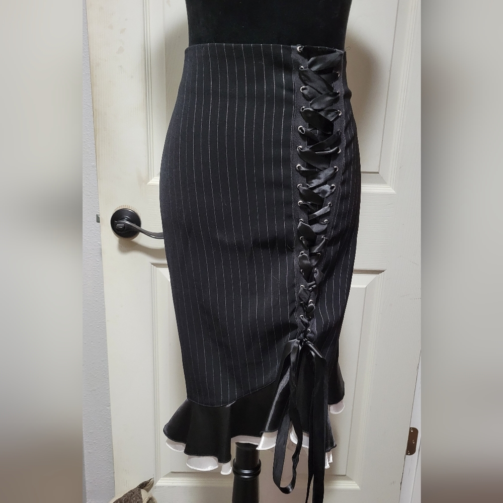 Maggie Bermuda (14) Pencil Skirt w/ satin ruffle and lace up side